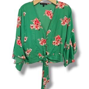 Kaii Los Angeles Women’s Green Floral Button-Down Blouse Tiered Sleeves Large
